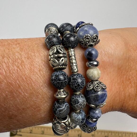 Handmade Beaded Bracelet Trio Navy Blue Silver Metal Tones - Picture 4 of 5